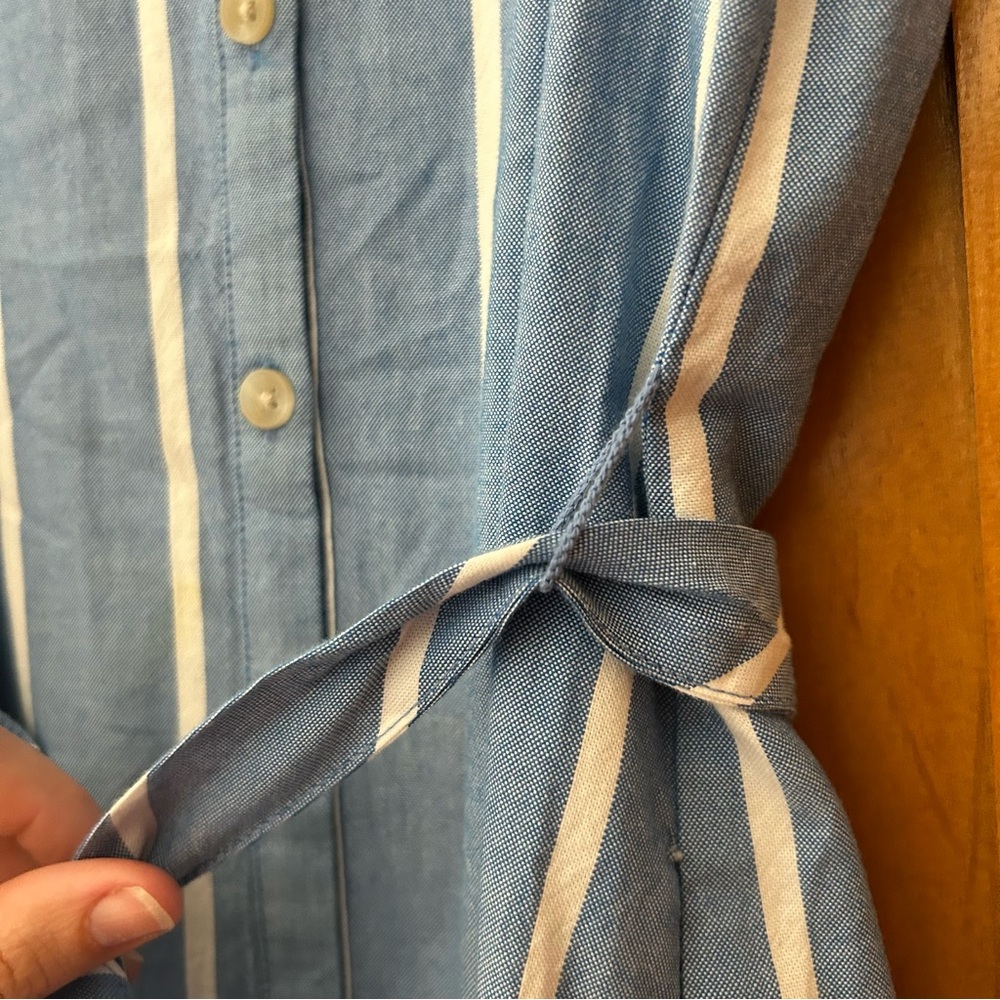 Blue and white stripe shirt dress button up with pockets, waist tie - Picture 8 of 8